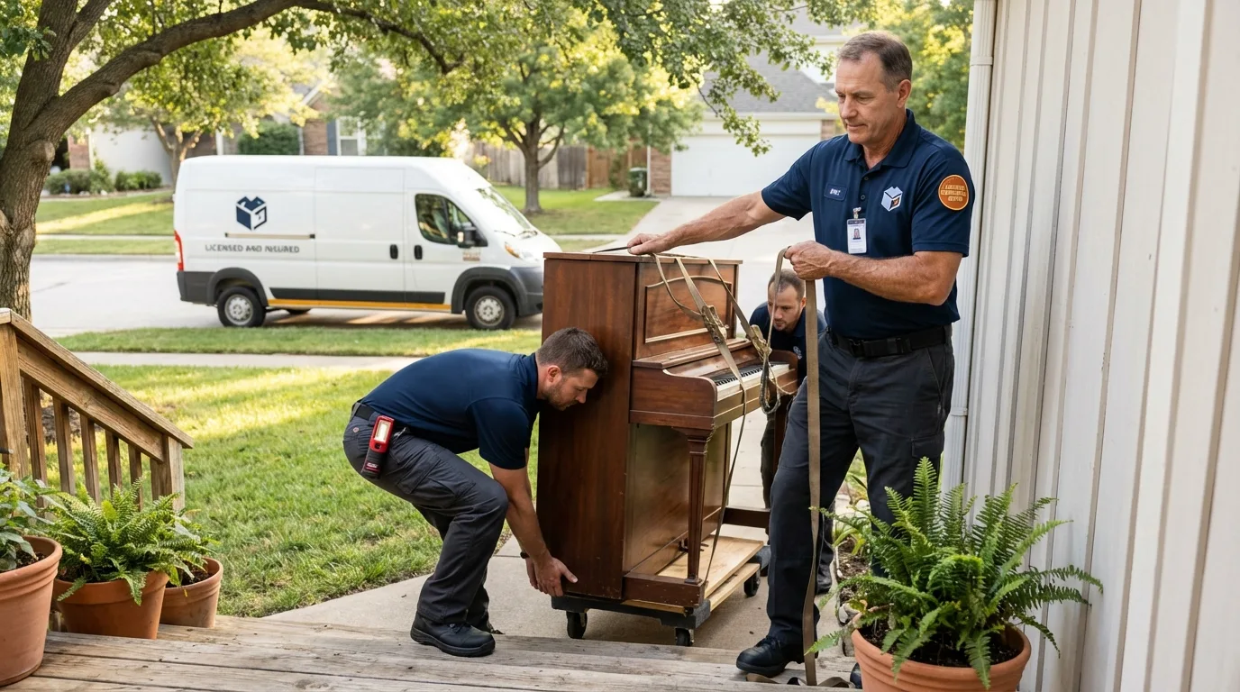 Licensed piano movers securing grand piano in Mayer, AZ
