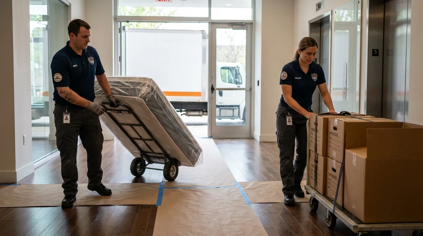 Professional apartment movers loading elevator in Mayer, AZ